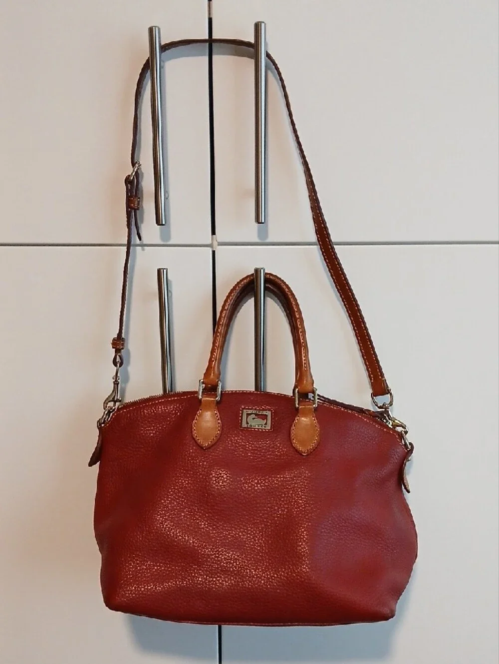 Dooney & Bourke Burgundy Pebbled Leather Satchel with Tan Accents